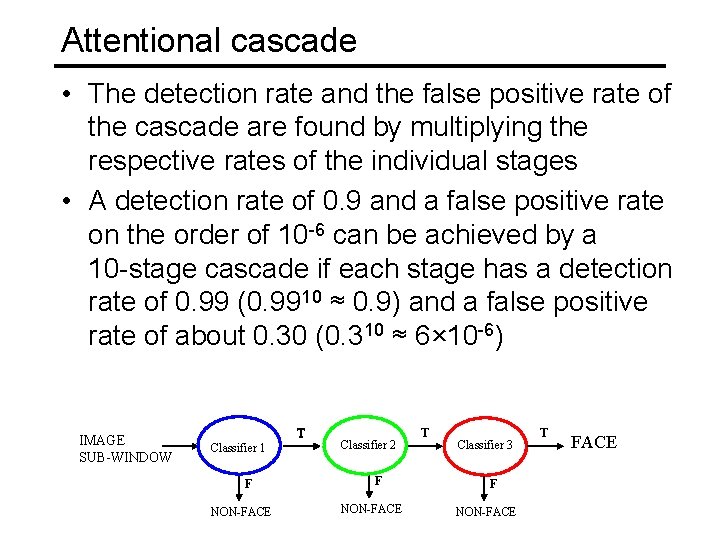 Attentional cascade • The detection rate and the false positive rate of the cascade