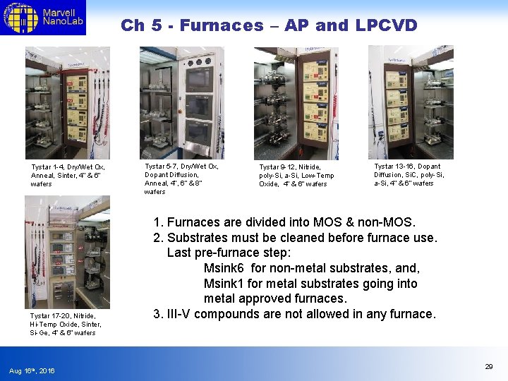 Ch 5 - Furnaces – AP and LPCVD Tystar 1 -4, Dry/Wet Ox, Anneal,