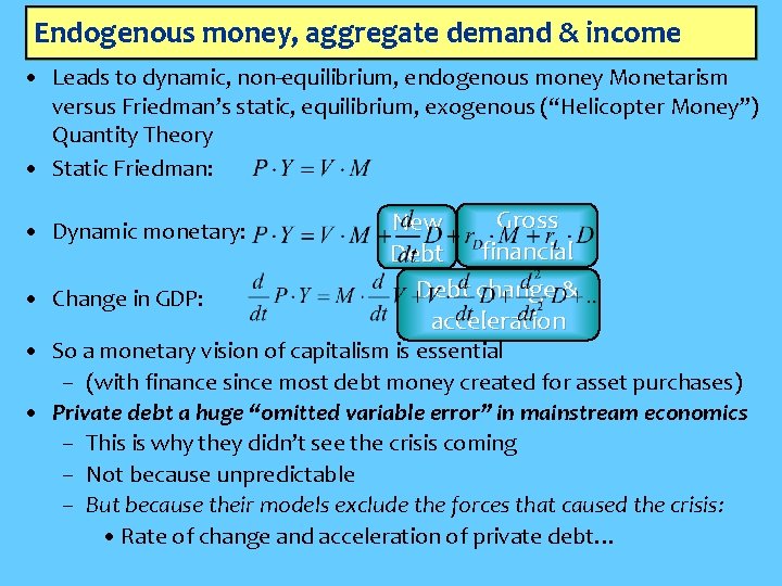 Endogenous money, aggregate demand & income • Leads to dynamic, non-equilibrium, endogenous money Monetarism