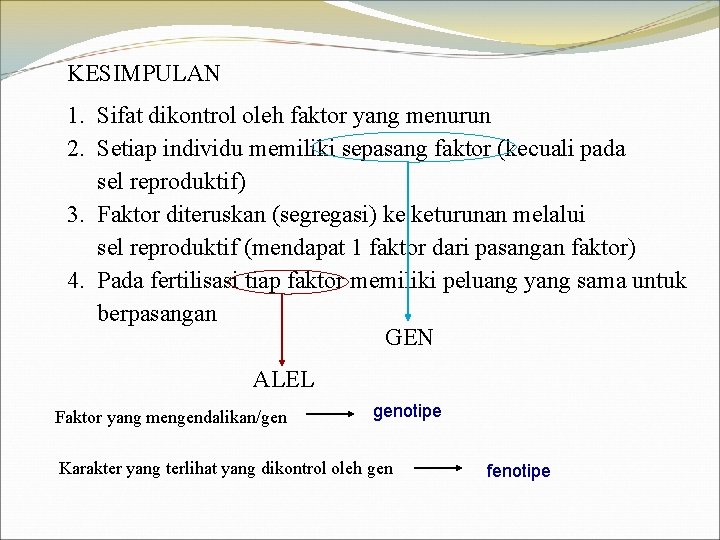 KESIMPULAN 1. Sifat dikontrol oleh faktor yang menurun 2. Setiap individu memiliki sepasang faktor