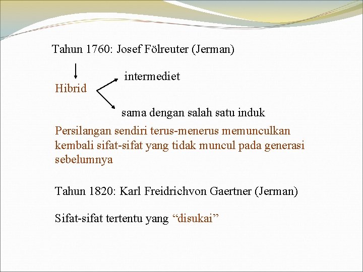 Tahun 1760: Josef Fölreuter (Jerman) Hibrid intermediet sama dengan salah satu induk Persilangan sendiri