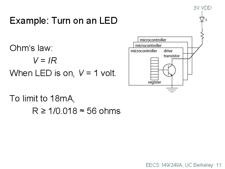 3 V VDD Example: Turn on an LED Ohm’s law: V = IR When 3 V VDD Example: Turn on an LED Ohm’s law: V = IR When