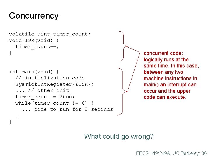 Concurrency volatile uint timer_count; void ISR(void) { timer_count--; } int main(void) { // initialization Concurrency volatile uint timer_count; void ISR(void) { timer_count--; } int main(void) { // initialization