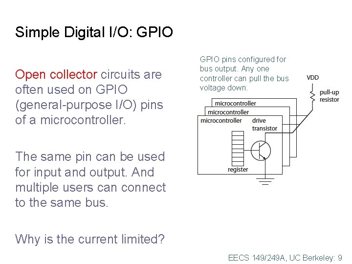 Simple Digital I/O: GPIO Open collector circuits are often used on GPIO (general-purpose I/O) Simple Digital I/O: GPIO Open collector circuits are often used on GPIO (general-purpose I/O)