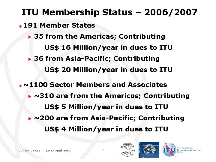 ITU Membership Status – 2006/2007 191 Member States 35 from the Americas; Contributing US$