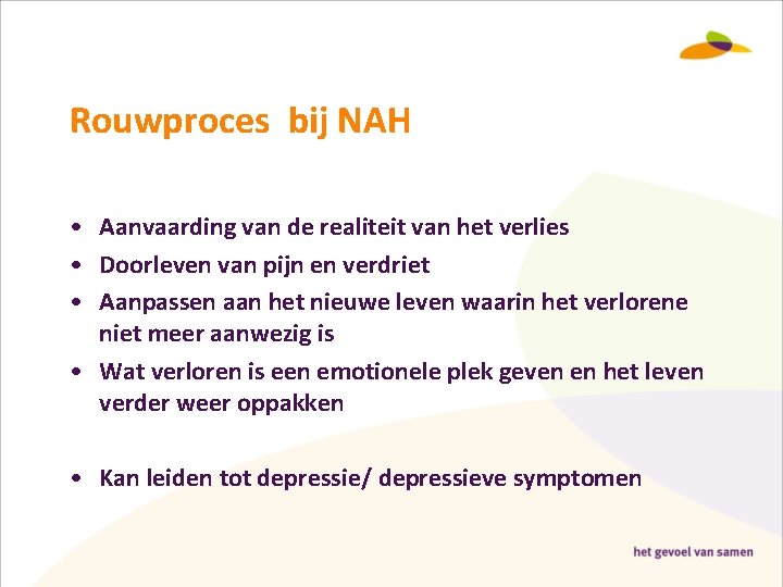 Rouwproces bij NAH • Aanvaarding van de realiteit van het verlies • Doorleven van