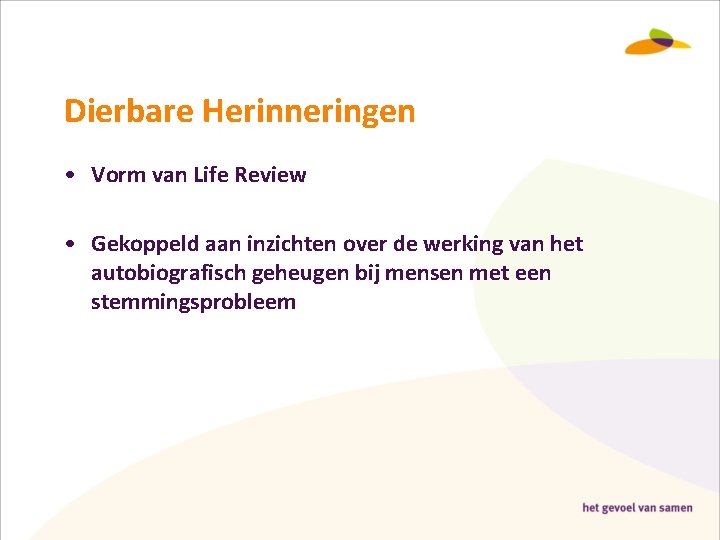 Dierbare Herinneringen • Vorm van Life Review • Gekoppeld aan inzichten over de werking