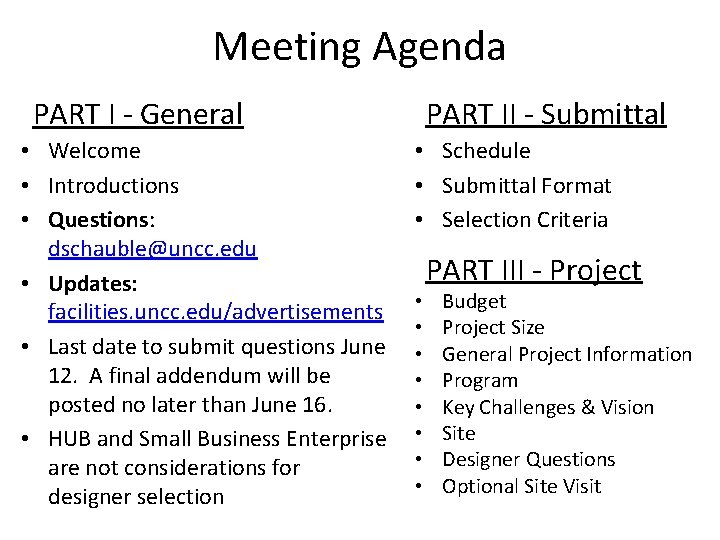 Meeting Agenda PART II - Submittal PART I - General • Welcome • Introductions