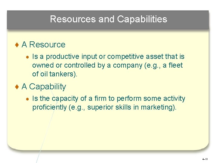 Resources and Capabilities ♦ A Resource ● Is a productive input or competitive asset