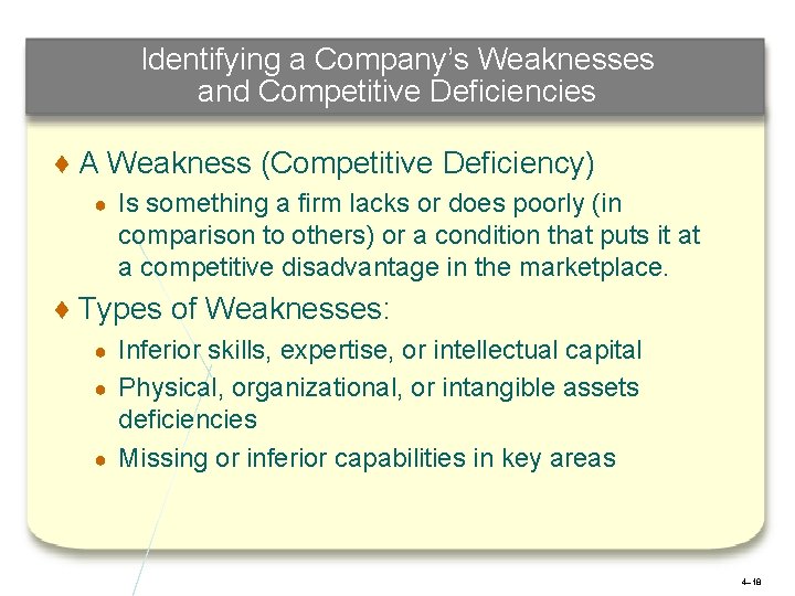 Identifying a Company’s Weaknesses and Competitive Deficiencies ♦ A Weakness (Competitive Deficiency) ● Is