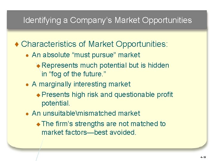 Identifying a Company’s Market Opportunities ♦ Characteristics of Market Opportunities: An absolute “must pursue”