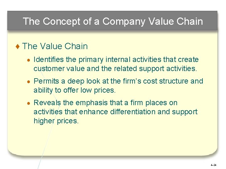 The Concept of a Company Value Chain ♦ The Value Chain ● Identifies the