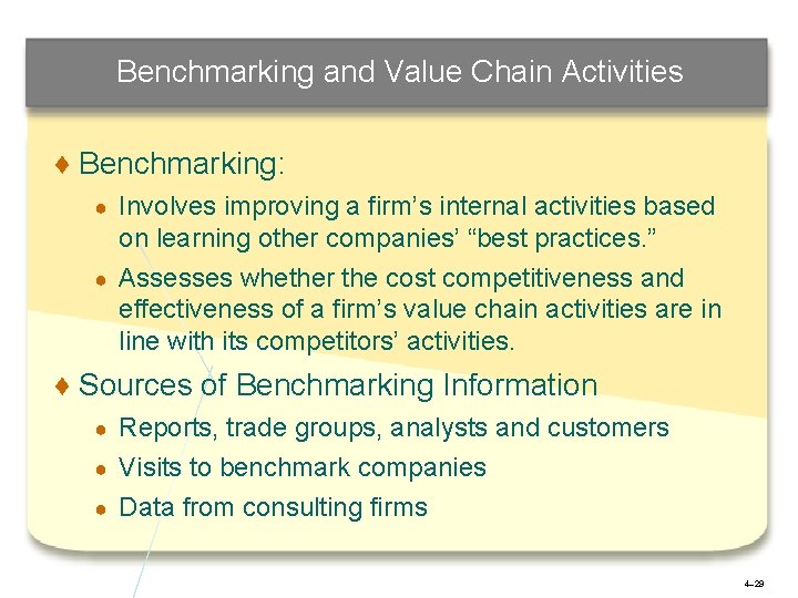 Benchmarking and Value Chain Activities ♦ Benchmarking: Involves improving a firm’s internal activities based