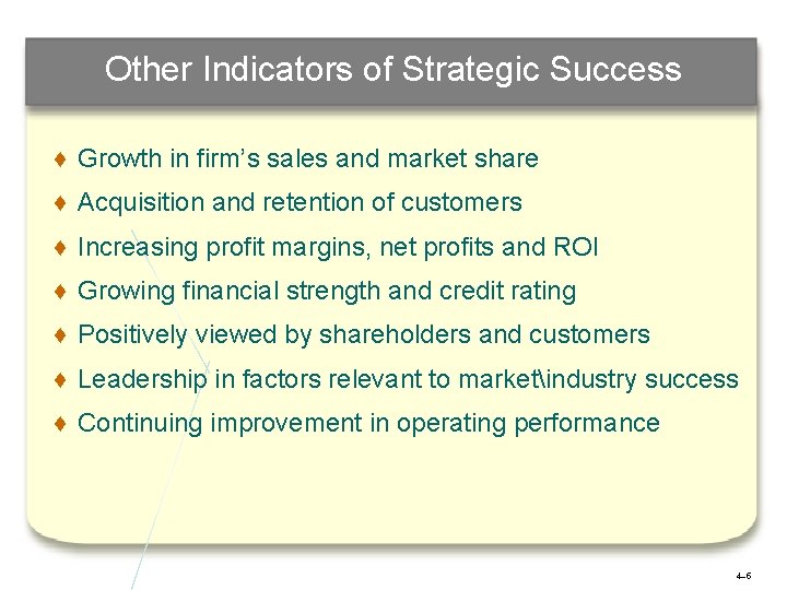 Other Indicators of Strategic Success ♦ Growth in firm’s sales and market share ♦