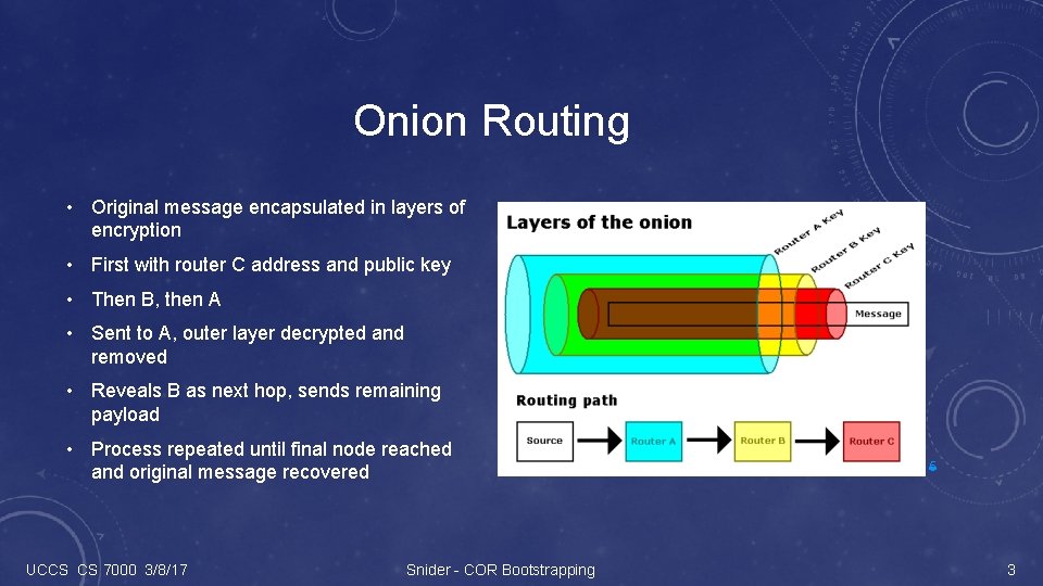 Onion Routing • Original message encapsulated in layers of encryption • First with router