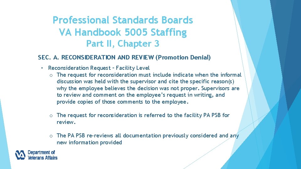 Professional Standards Boards VA Handbook 5005 Staffing Part II, Chapter 3 SEC. A. RECONSIDERATION