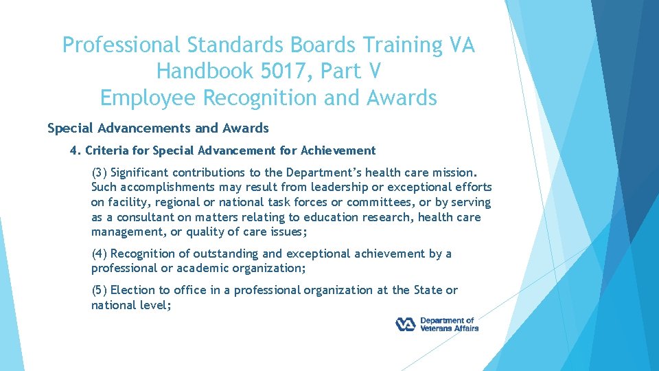 Professional Standards Boards Training VA Handbook 5017, Part V Employee Recognition and Awards Special