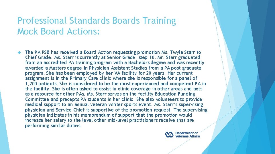 Professional Standards Boards Training Mock Board Actions: The PA PSB has received a Board