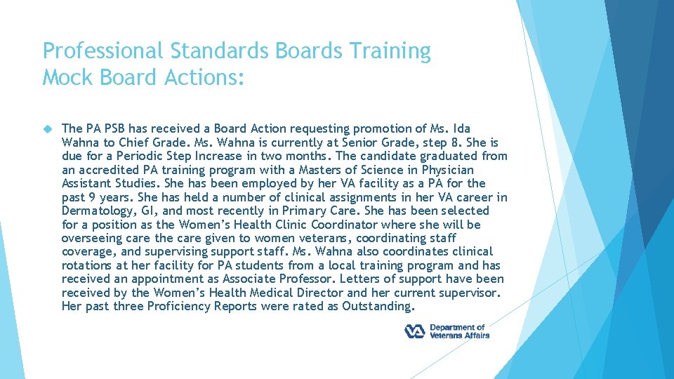 Professional Standards Boards Training Mock Board Actions: The PA PSB has received a Board