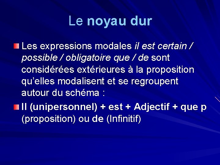 Le noyau dur Les expressions modales il est certain / possible / obligatoire que