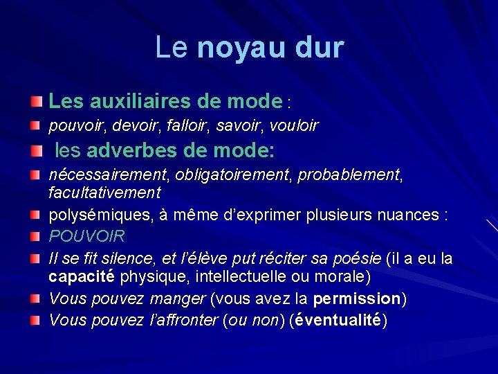 Le noyau dur Les auxiliaires de mode : pouvoir, devoir, falloir, savoir, vouloir les