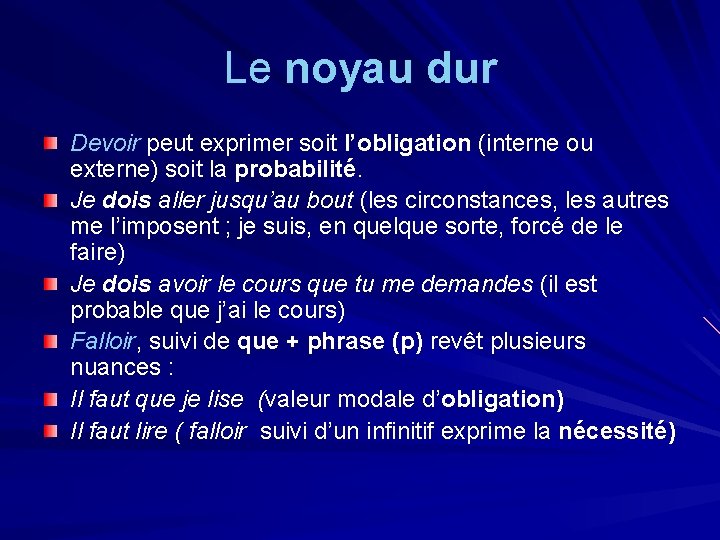 Le noyau dur Devoir peut exprimer soit l’obligation (interne ou externe) soit la probabilité.