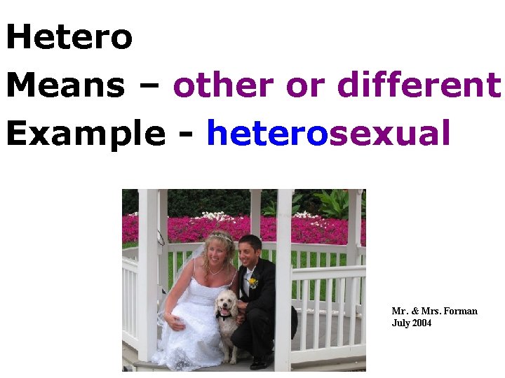 Hetero Means – other or different Example - heterosexual Mr. & Mrs. Forman July