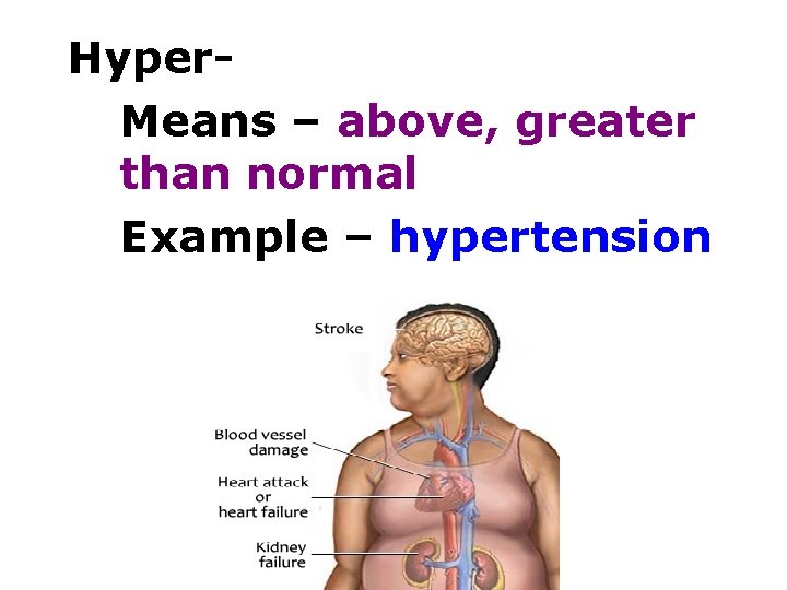 Hyper. Means – above, greater than normal Example – hypertension 