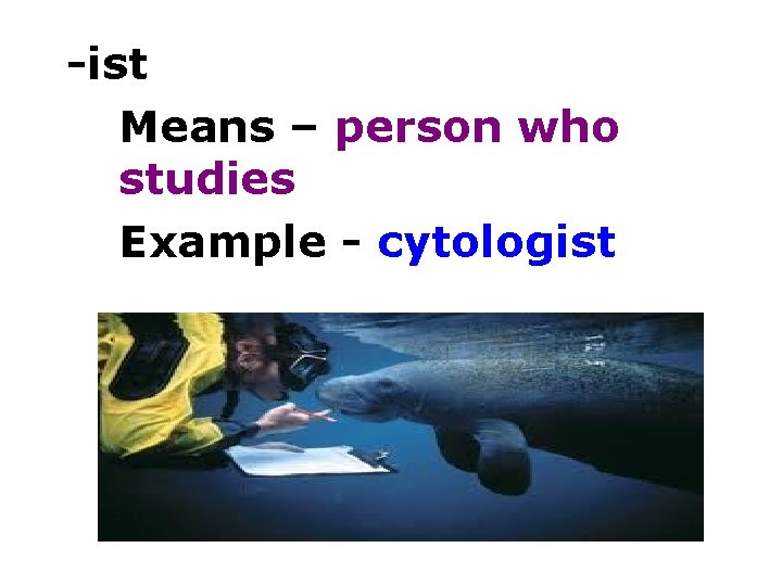-ist Means – person who studies Example - cytologist 