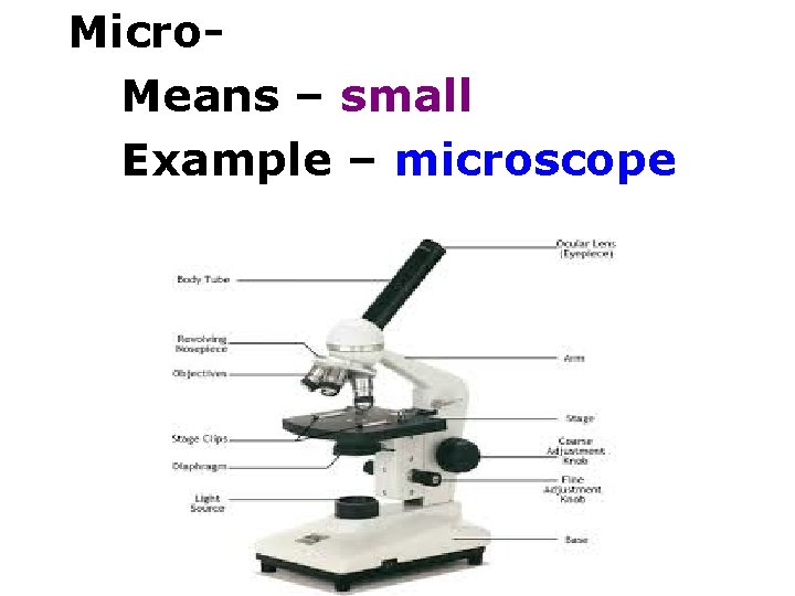 Micro. Means – small Example – microscope 