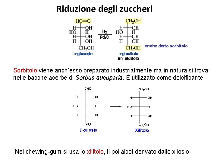 Riduzione degli zuccheri anche detto sorbitolo Sorbitolo viene anch’esso preparato industrialmente ma in natura