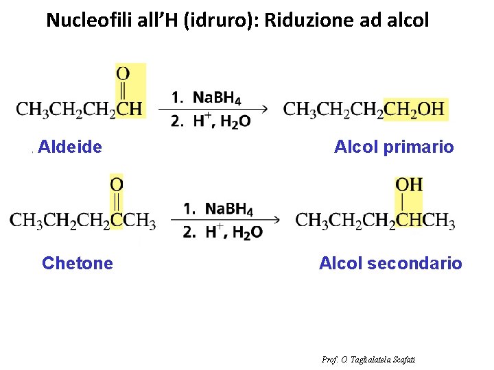 Nucleofili all’H (idruro): Riduzione ad alcol Aldeide Chetone Alcol primario Alcol secondario Prof. O.