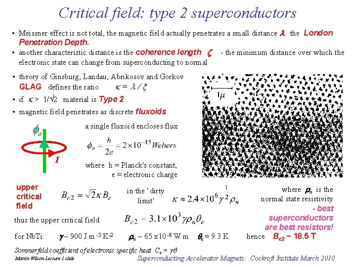 Critical field: type 2 superconductors • Meissner effect is not total, the magnetic field