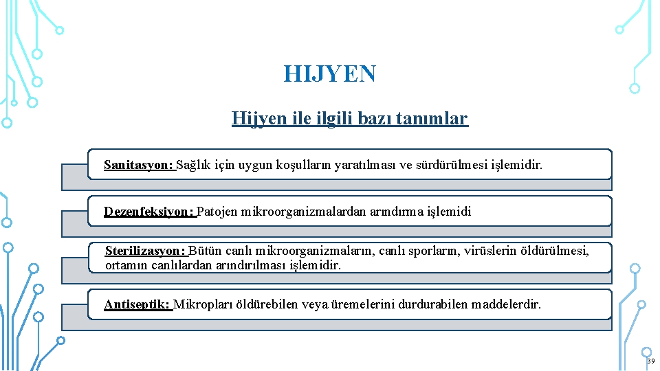 HIJYEN Hijyen ile ilgili bazı tanımlar Sanitasyon: Sağlık için uygun koşulların yaratılması ve sürdürülmesi