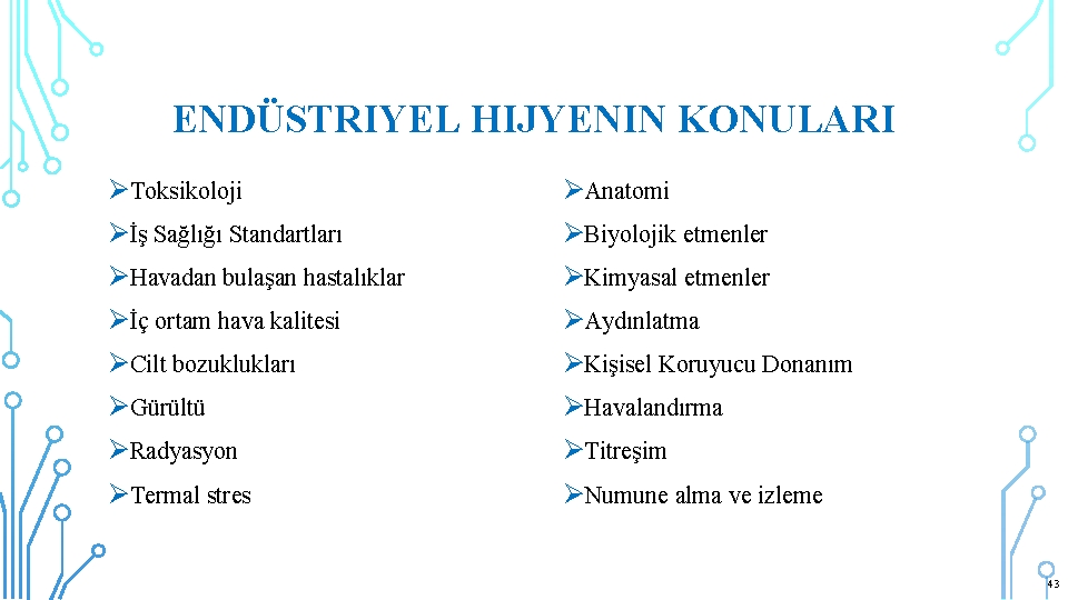 ENDÜSTRIYEL HIJYENIN KONULARI ØToksikoloji ØAnatomi Øİş Sağlığı Standartları ØBiyolojik etmenler ØHavadan bulaşan hastalıklar ØKimyasal