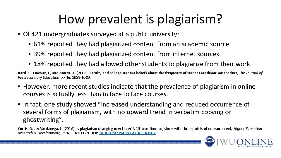 How prevalent is plagiarism? • Of 421 undergraduates surveyed at a public university: •