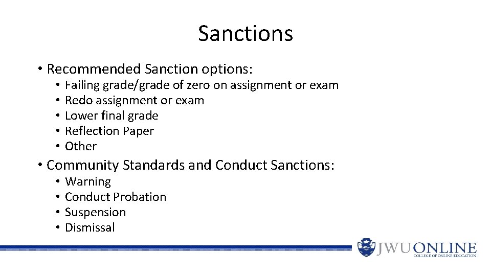 Sanctions • Recommended Sanction options: • • • Failing grade/grade of zero on assignment