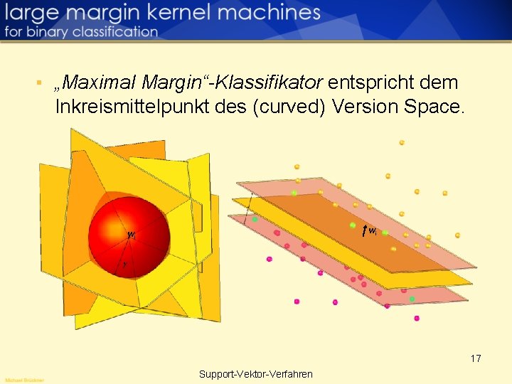 ▪ „Maximal Margin“-Klassifikator entspricht dem Inkreismittelpunkt des (curved) Version Space. wi wi 17 Support-Vektor-Verfahren