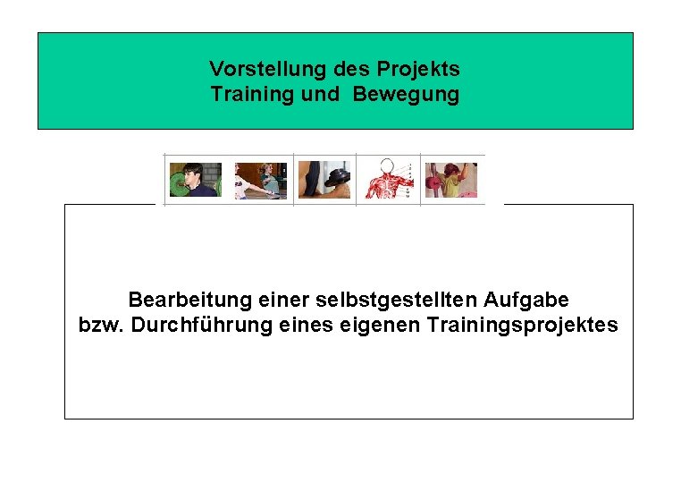 Vorstellung des Projekts Training und Bewegung Bearbeitung einer selbstgestellten Aufgabe bzw. Durchführung eines eigenen