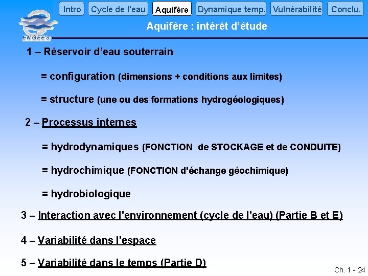 Intro Cycle de l'eau Aquifère Dynamique temp. Vulnérabilité Conclu. Aquifère : intérêt d’étude 1