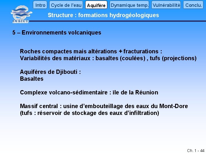 Intro Cycle de l'eau Aquifère Dynamique temp. Vulnérabilité Conclu. Structure : formations hydrogéologiques 5