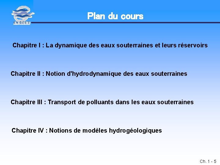 Intro Cycle de l'eau Aquifère Dynamique temp. Vulnérabilité Conclu. Plan du cours Chapitre I