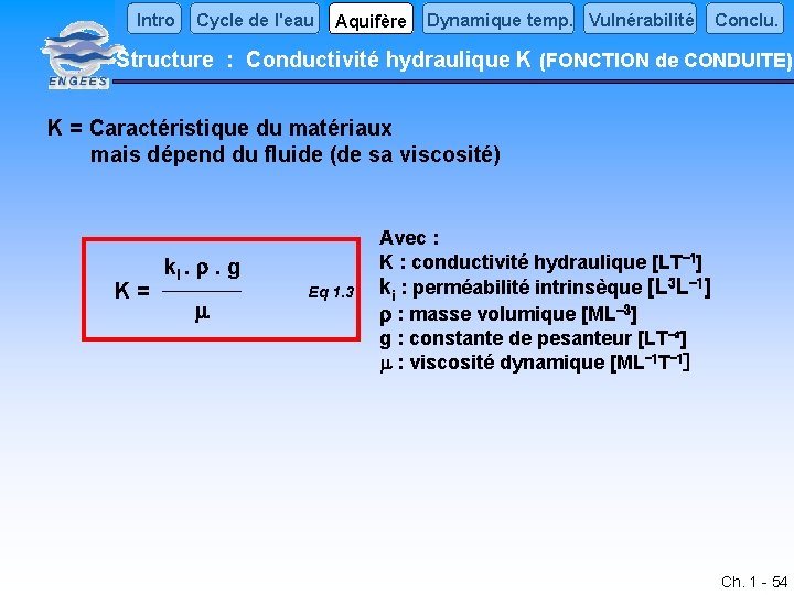 Intro Cycle de l'eau Aquifère Dynamique temp. Vulnérabilité Conclu. Structure : Conductivité hydraulique K