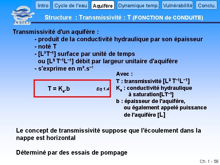 Intro Cycle de l'eau Aquifère Dynamique temp. Vulnérabilité Conclu. Structure : Transmissivité : T