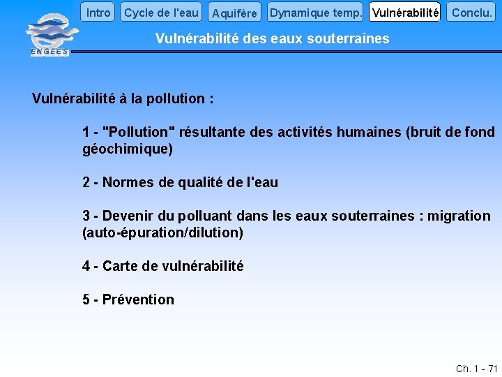 Intro Cycle de l'eau Aquifère Dynamique temp. Vulnérabilité Conclu. Vulnérabilité des eaux souterraines Vulnérabilité