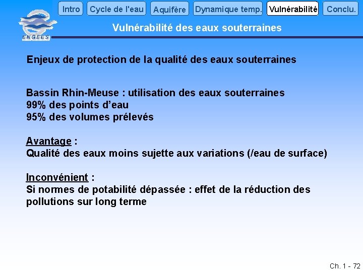 Intro Cycle de l'eau Aquifère Dynamique temp. Vulnérabilité Conclu. Vulnérabilité des eaux souterraines Enjeux