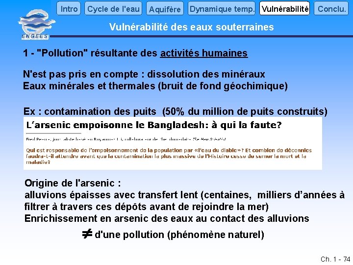 Intro Cycle de l'eau Aquifère Dynamique temp. Vulnérabilité Conclu. Vulnérabilité des eaux souterraines 1