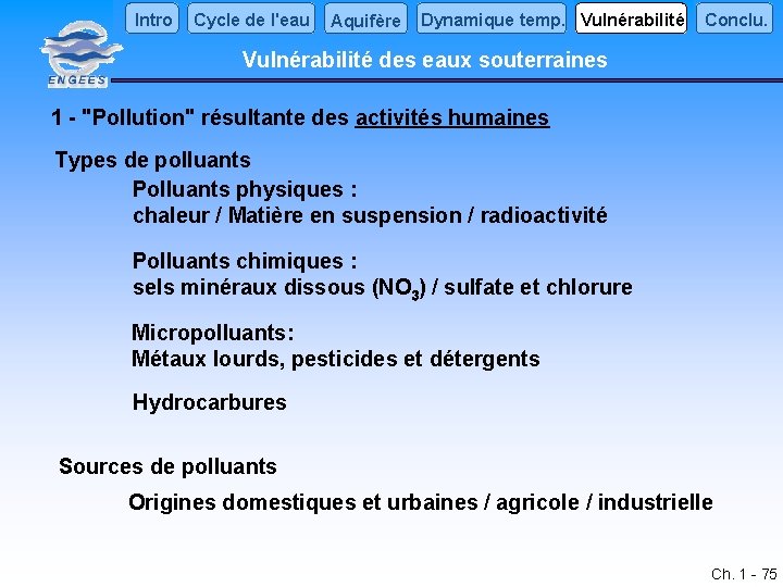 Intro Cycle de l'eau Aquifère Dynamique temp. Vulnérabilité Conclu. Vulnérabilité des eaux souterraines 1