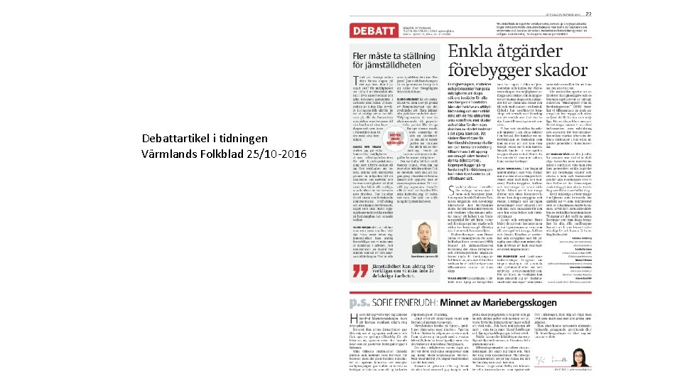 Debattartikel i tidningen Värmlands Folkblad 25/10 -2016 