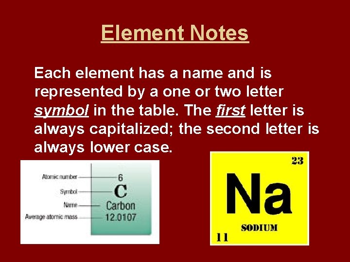 Element Notes Each element has a name and is represented by a one or